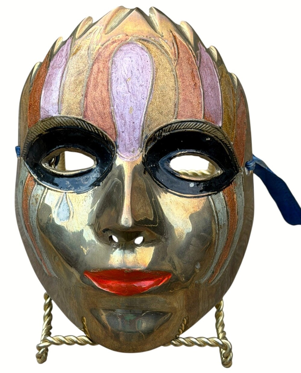 Vintage Solid Brass Masquerade Face Mask Hand Painted India Wall Decor 6"